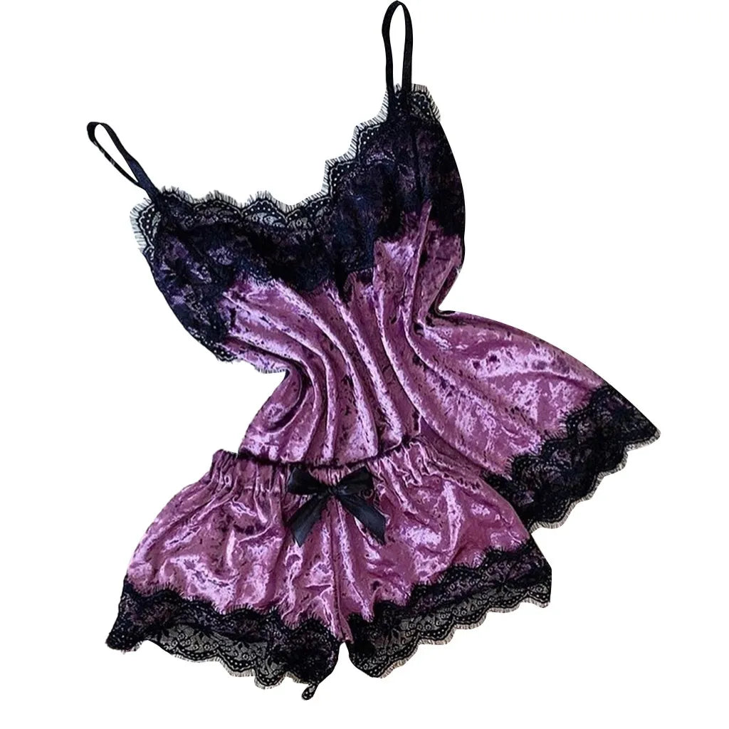 Summer Pyjamas Women Velvet Bow Sleepwear Sleeveless Strap Nightwear Lace Trim Cami Top Pajama Sets Femme Sexy Lingerie