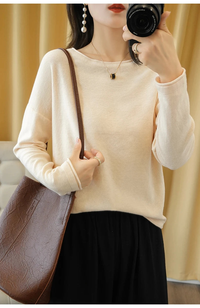 100% Cotton Women Knit Sweater Crimped Edge O-Neck Pullover Bottoming Pure Cotton Sweater Spring Autumn New Tops Clothes