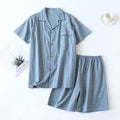 Summer new couple pajamas two-piece men's plaid short-sleeved shorts 100% cotton gauze ladies simple home service set sleepwear