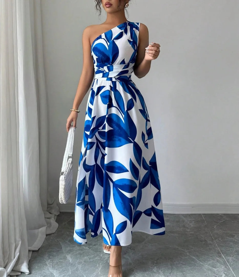 One Shoulder Sleeveless Waist-Cinched Split Maxi Women Dresses Vacation Leaf Print Slimming Long Dresses