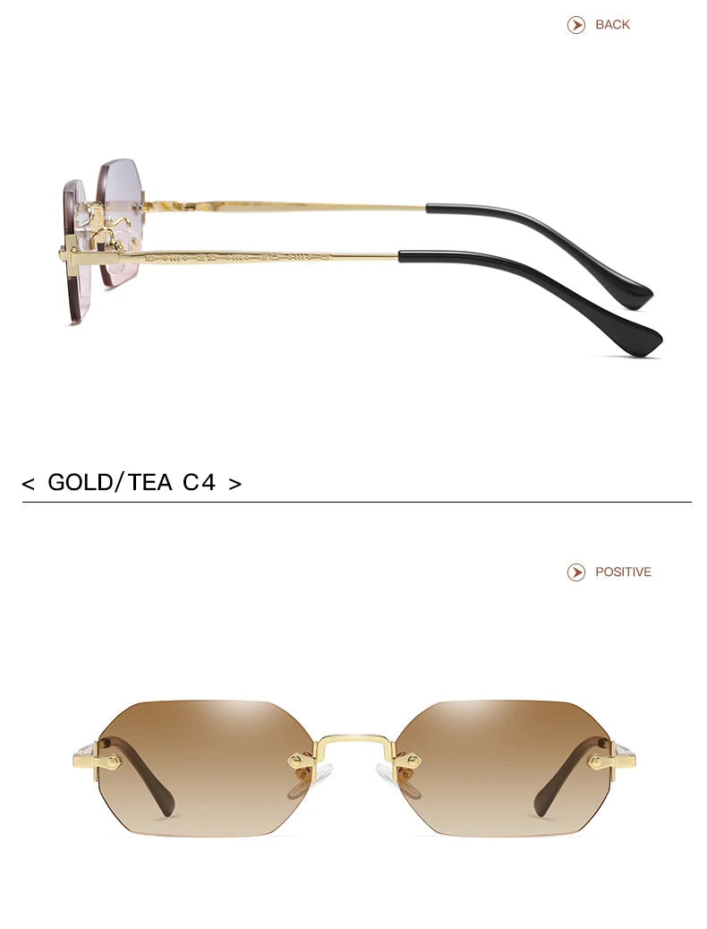 Rimless Rectangle Sunglasses Small Men Glasses Women Metal Gold Polygon Blue Shades 2024 UV400 Frameless