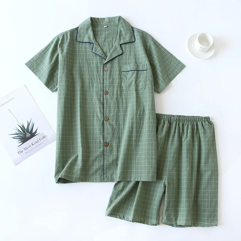 Summer new couple pajamas two-piece men's plaid short-sleeved shorts 100% cotton gauze ladies simple home service set sleepwear