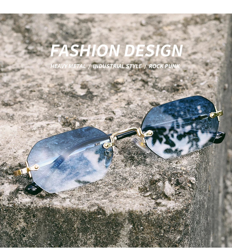 Rimless Rectangle Sunglasses Small Men Glasses Women Metal Gold Polygon Blue Shades 2024 UV400 Frameless