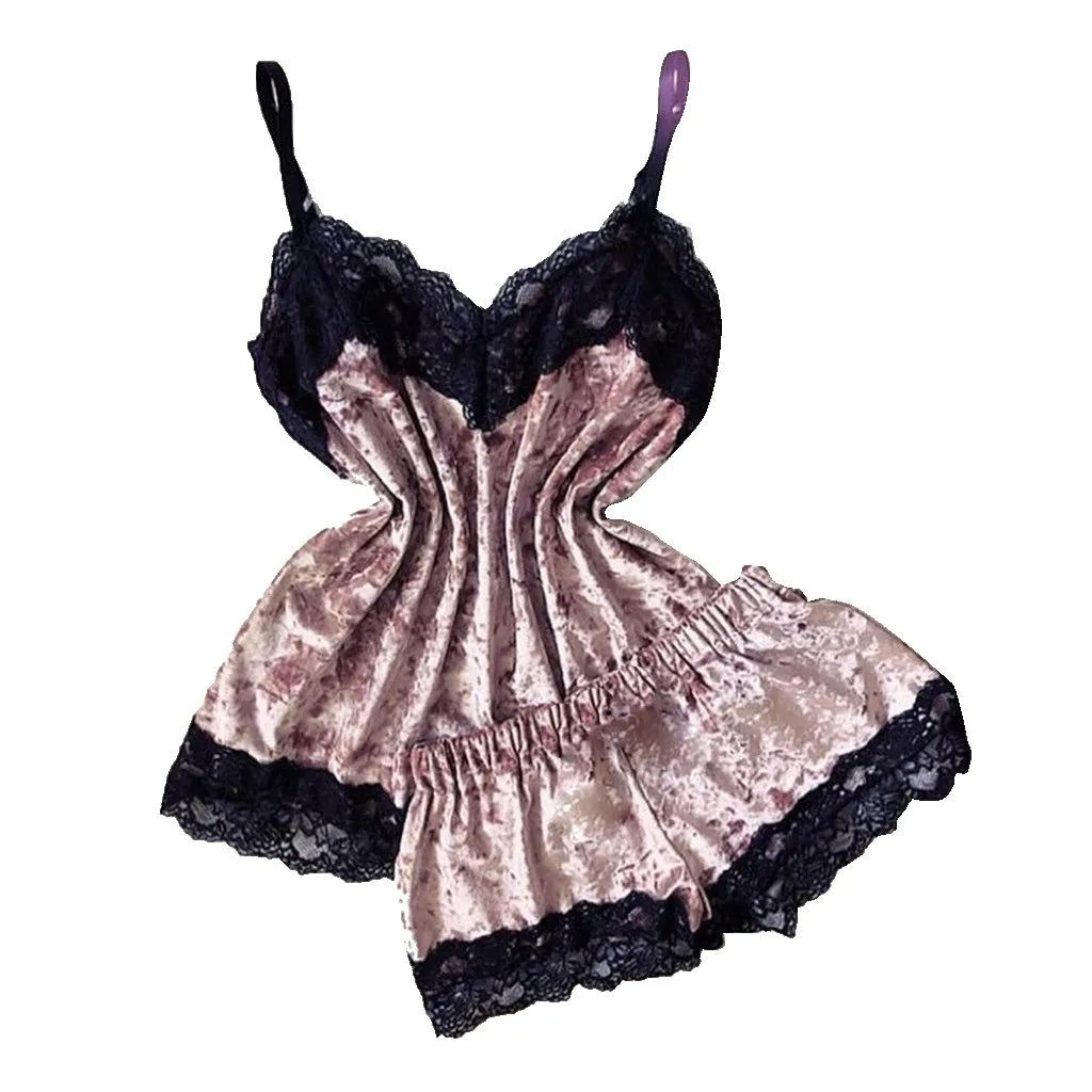 Summer Pyjamas Women Velvet Bow Sleepwear Sleeveless Strap Nightwear Lace Trim Cami Top Pajama Sets Femme Sexy Lingerie