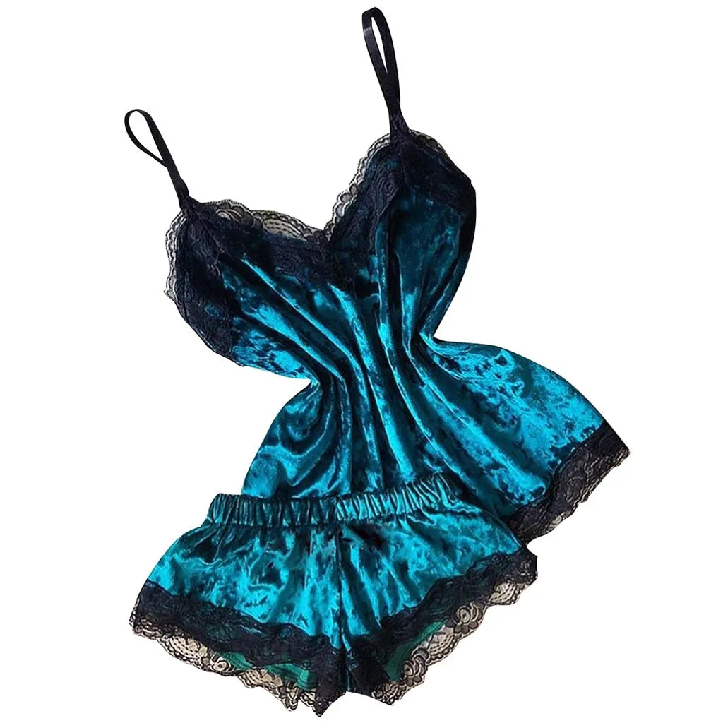 Summer Pyjamas Women Velvet Bow Sleepwear Sleeveless Strap Nightwear Lace Trim Cami Top Pajama Sets Femme Sexy Lingerie