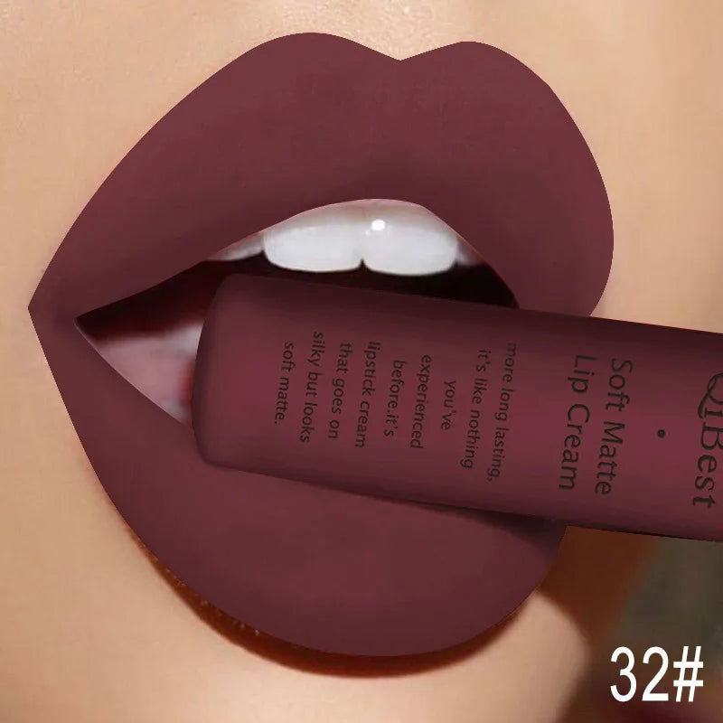 QIBEST Brand 34 Colors Waterproof Matte Nude Lipstick Lipkit Pigment Dark Red Black Long Lasting Lip Gloss Women Makeup Lipgloss