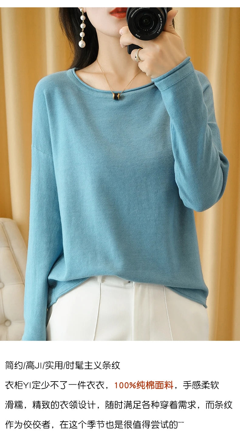 100% Cotton Women Knit Sweater Crimped Edge O-Neck Pullover Bottoming Pure Cotton Sweater Spring Autumn New Tops Clothes