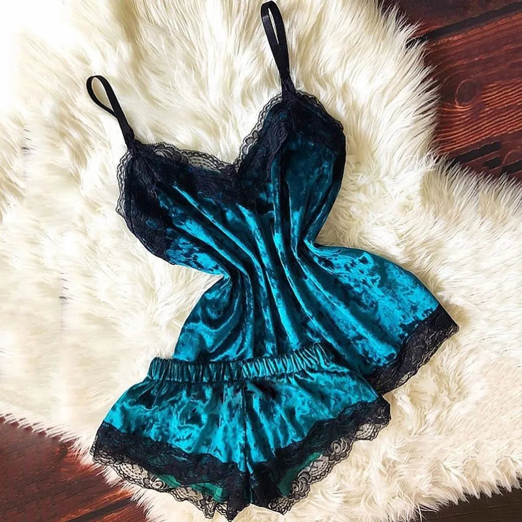 Summer Pyjamas Women Velvet Bow Sleepwear Sleeveless Strap Nightwear Lace Trim Cami Top Pajama Sets Femme Sexy Lingerie