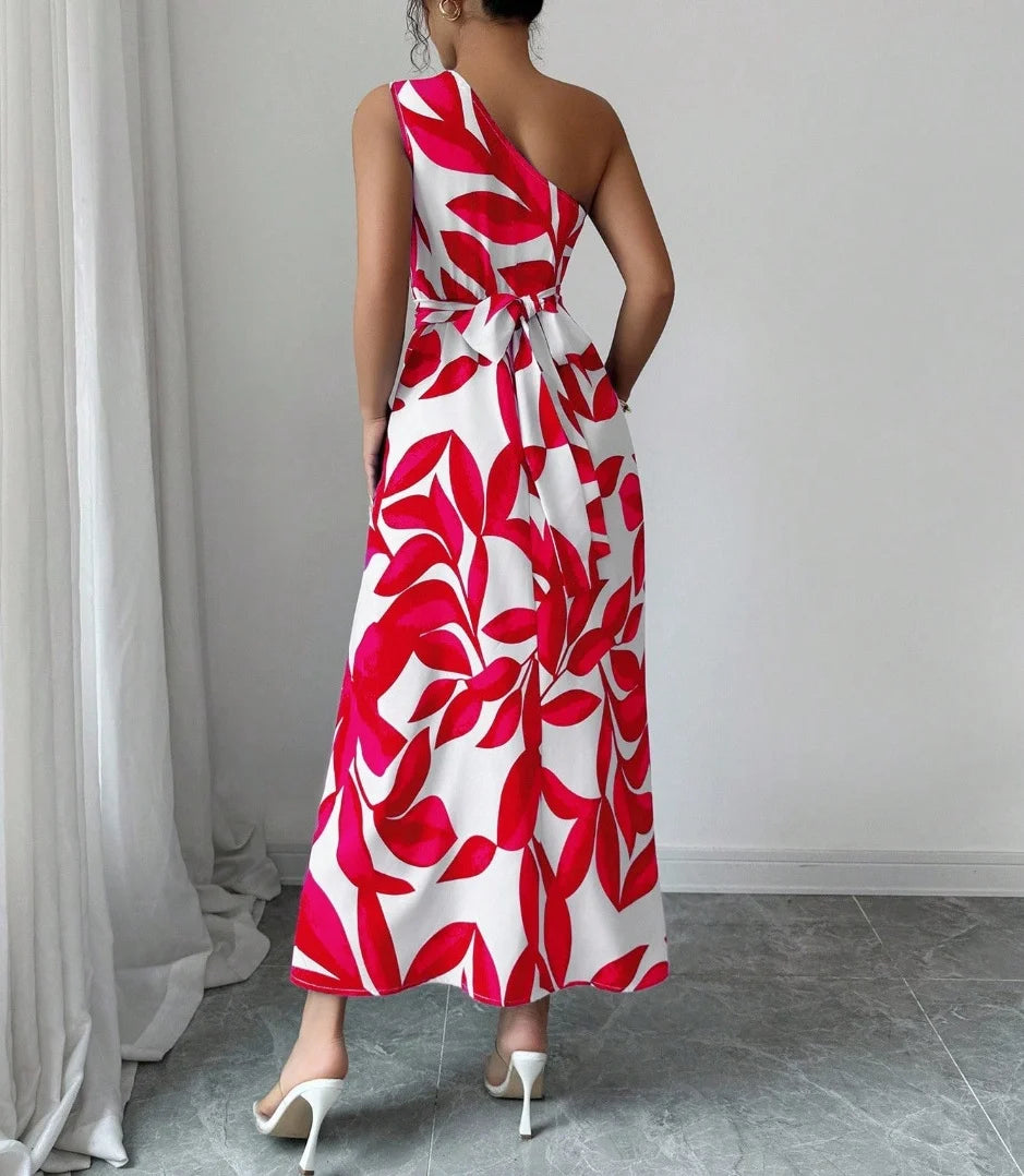 One Shoulder Sleeveless Waist-Cinched Split Maxi Women Dresses Vacation Leaf Print Slimming Long Dresses