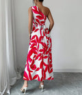 One Shoulder Sleeveless Waist-Cinched Split Maxi Women Dresses Vacation Leaf Print Slimming Long Dresses