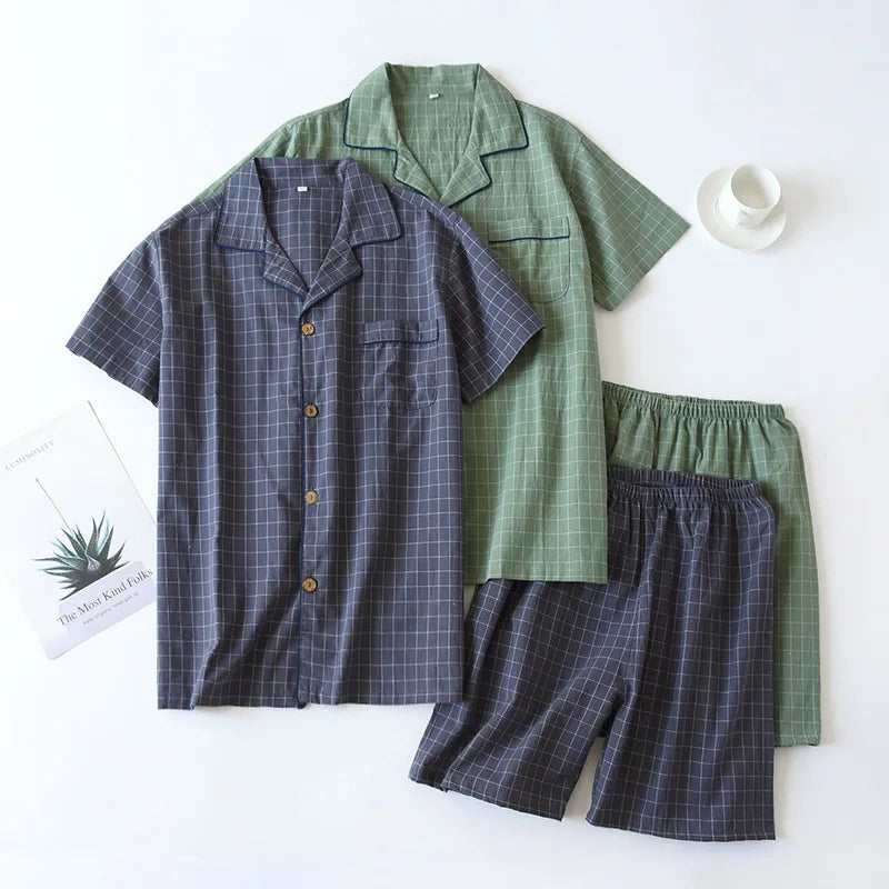Summer new couple pajamas two-piece men's plaid short-sleeved shorts 100% cotton gauze ladies simple home service set sleepwear