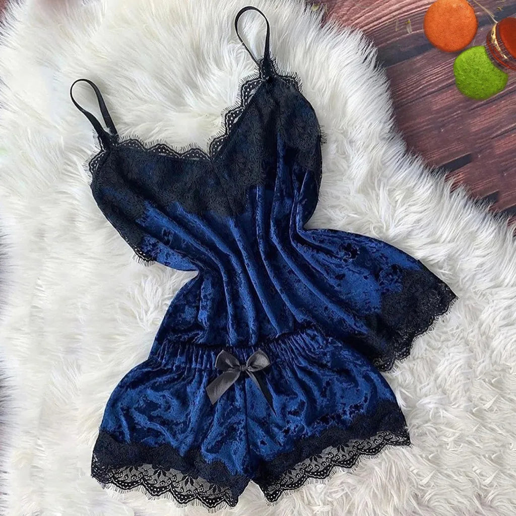 Summer Pyjamas Women Velvet Bow Sleepwear Sleeveless Strap Nightwear Lace Trim Cami Top Pajama Sets Femme Sexy Lingerie