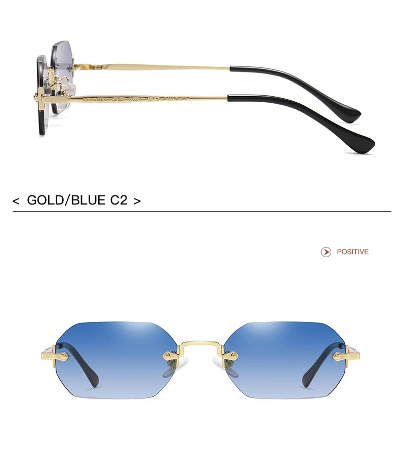 Rimless Rectangle Sunglasses Small Men Glasses Women Metal Gold Polygon Blue Shades 2024 UV400 Frameless