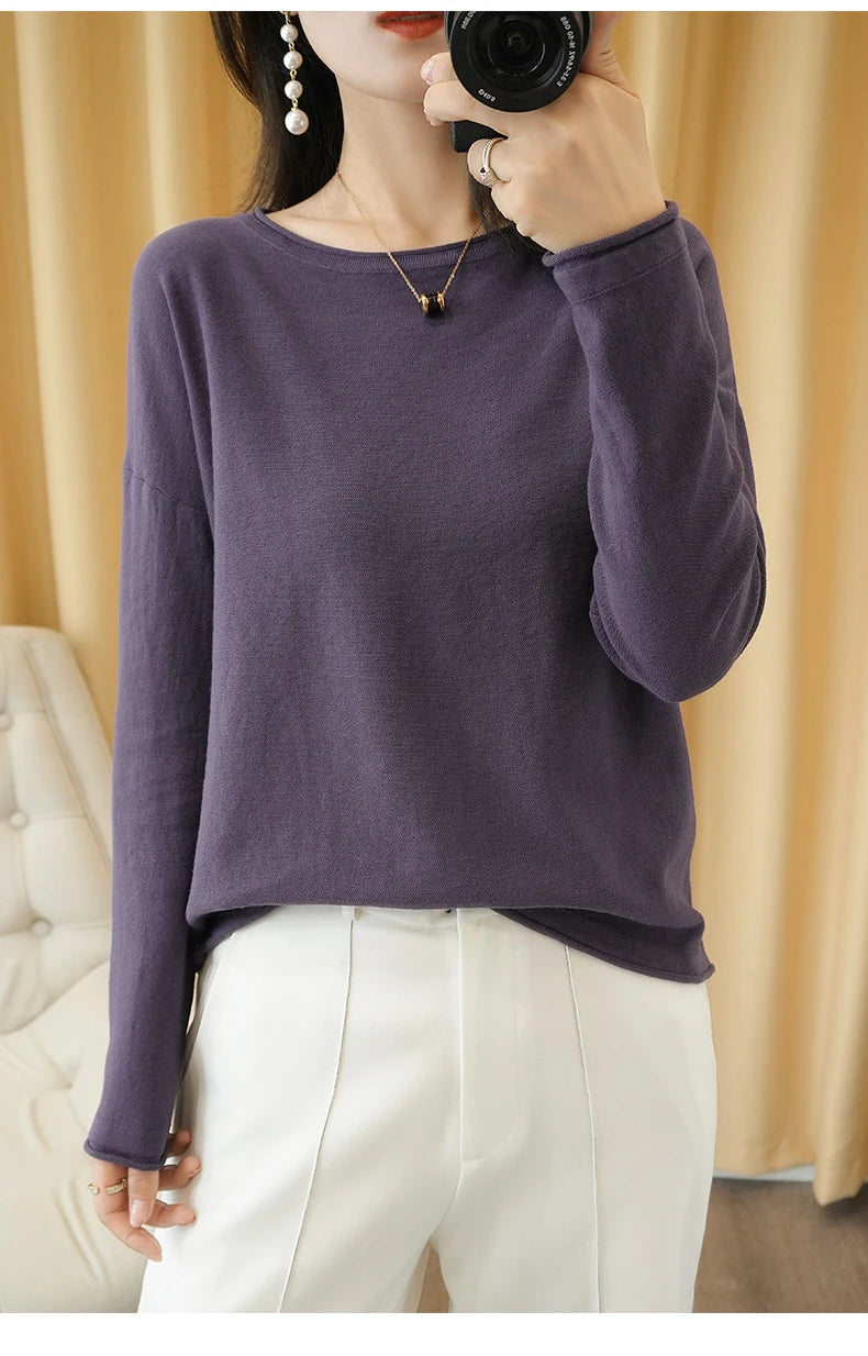 100% Cotton Women Knit Sweater Crimped Edge O-Neck Pullover Bottoming Pure Cotton Sweater Spring Autumn New Tops Clothes