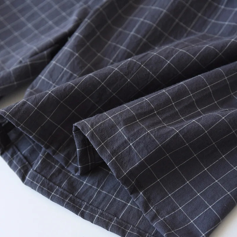 Summer new couple pajamas two-piece men's plaid short-sleeved shorts 100% cotton gauze ladies simple home service set sleepwear