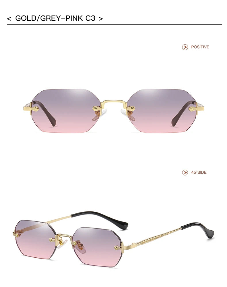 Rimless Rectangle Sunglasses Small Men Glasses Women Metal Gold Polygon Blue Shades 2024 UV400 Frameless