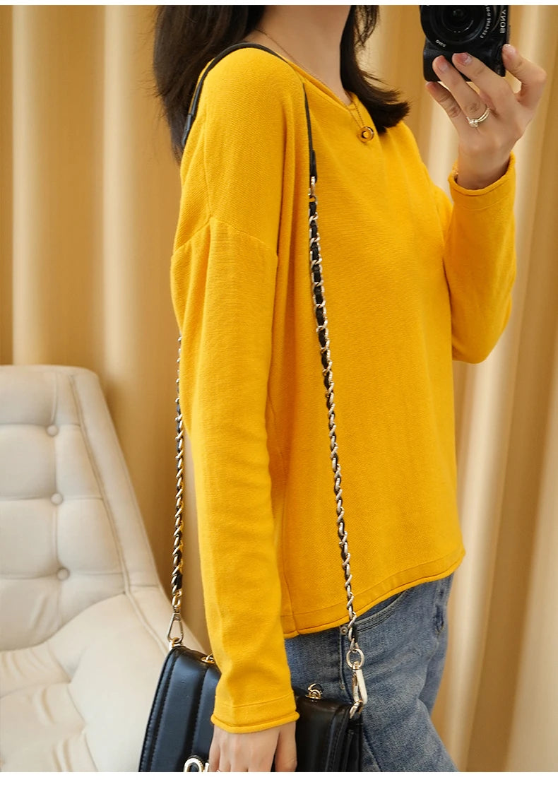 100% Cotton Women Knit Sweater Crimped Edge O-Neck Pullover Bottoming Pure Cotton Sweater Spring Autumn New Tops Clothes