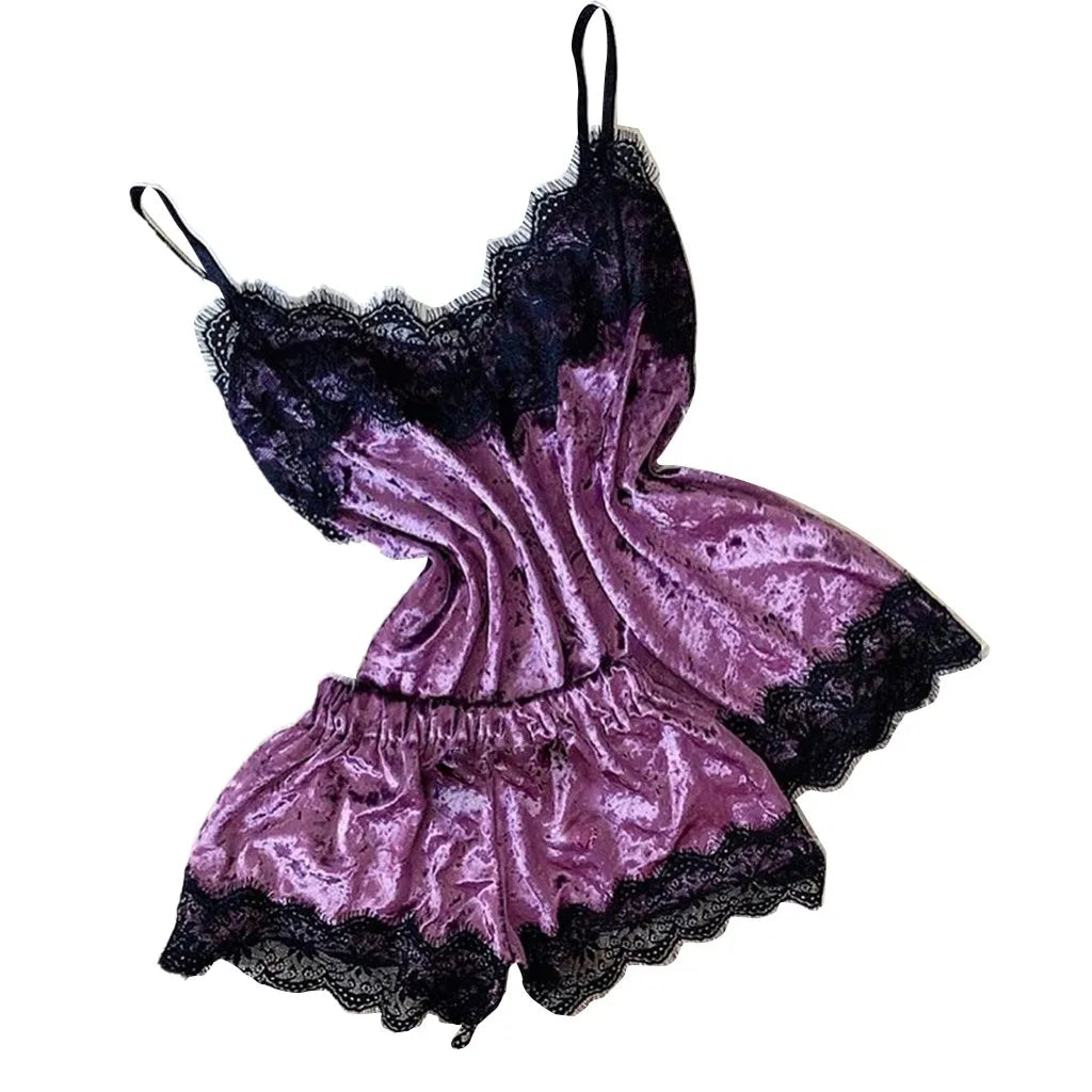 Summer Pyjamas Women Velvet Bow Sleepwear Sleeveless Strap Nightwear Lace Trim Cami Top Pajama Sets Femme Sexy Lingerie