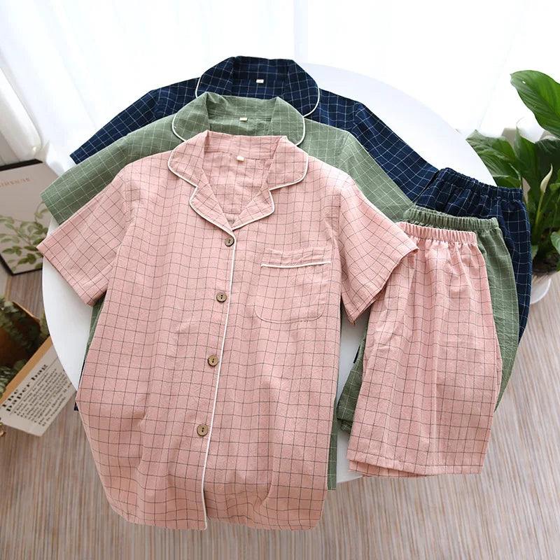 Summer new couple pajamas two-piece men's plaid short-sleeved shorts 100% cotton gauze ladies simple home service set sleepwear