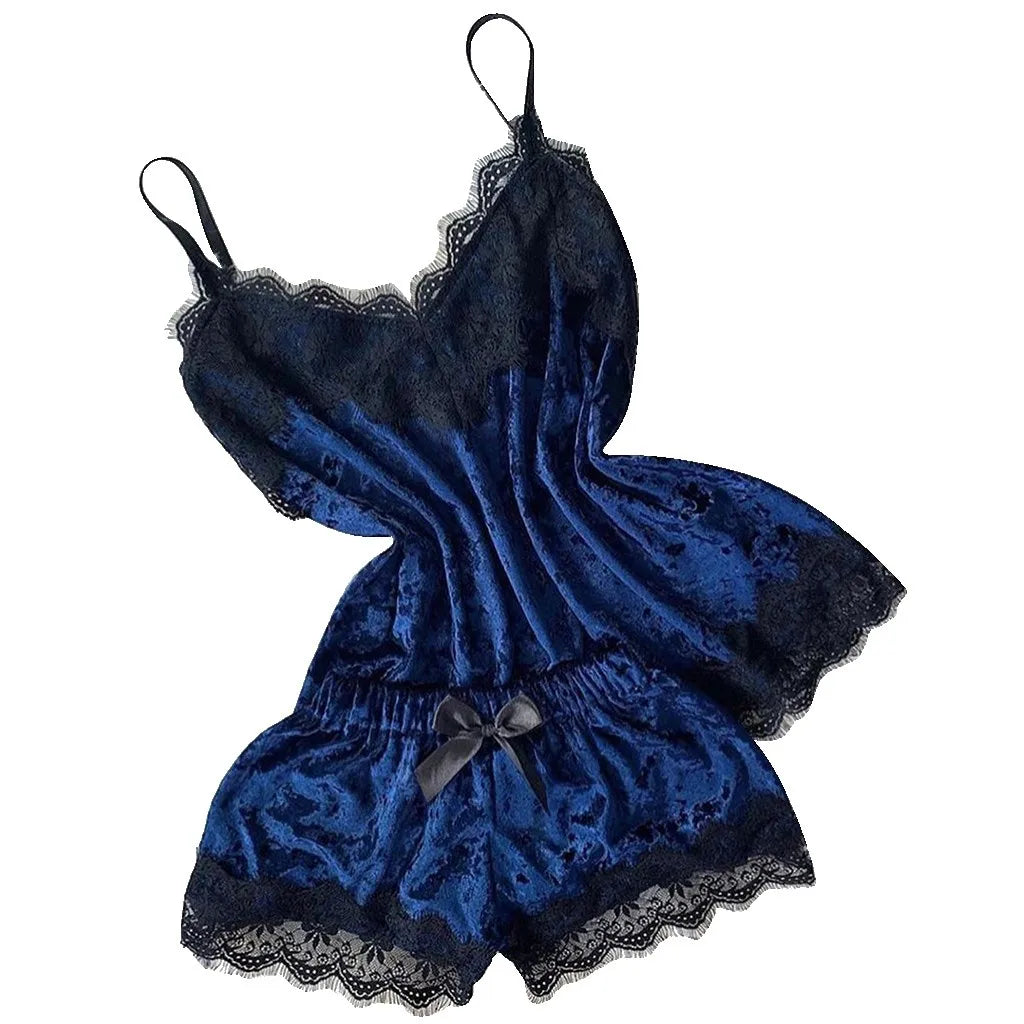 Summer Pyjamas Women Velvet Bow Sleepwear Sleeveless Strap Nightwear Lace Trim Cami Top Pajama Sets Femme Sexy Lingerie
