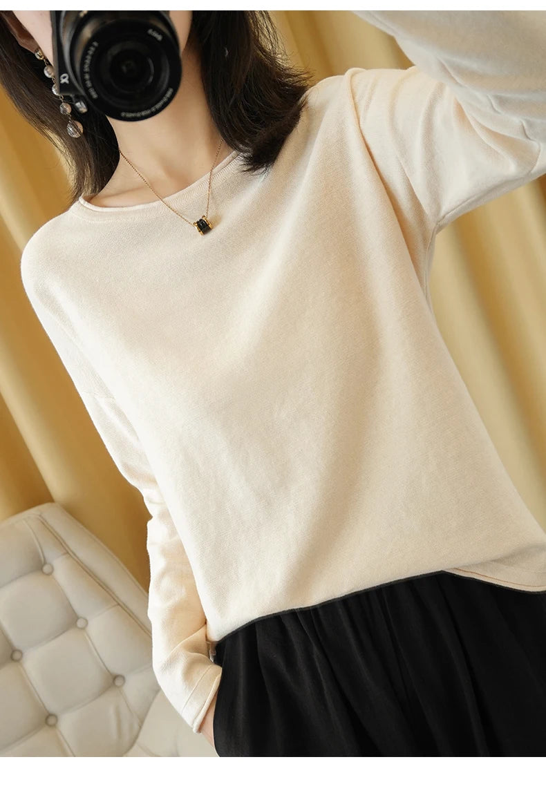 100% Cotton Women Knit Sweater Crimped Edge O-Neck Pullover Bottoming Pure Cotton Sweater Spring Autumn New Tops Clothes