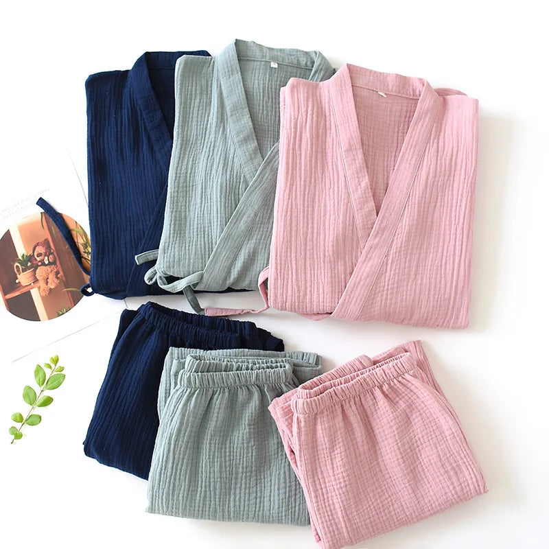 2026 Japanese Kimono Set 100%Cotton Pajamas Two-piece Couple Yukata Loose Men's And Women's Sweat Steaming Suit Home Service Set
