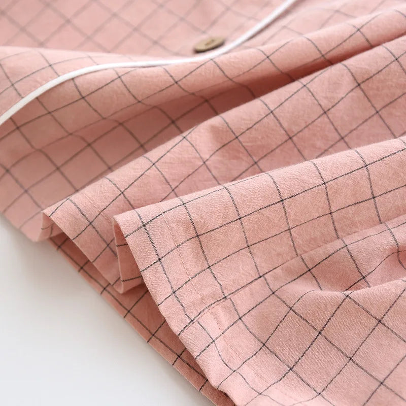 Summer new couple pajamas two-piece men's plaid short-sleeved shorts 100% cotton gauze ladies simple home service set sleepwear