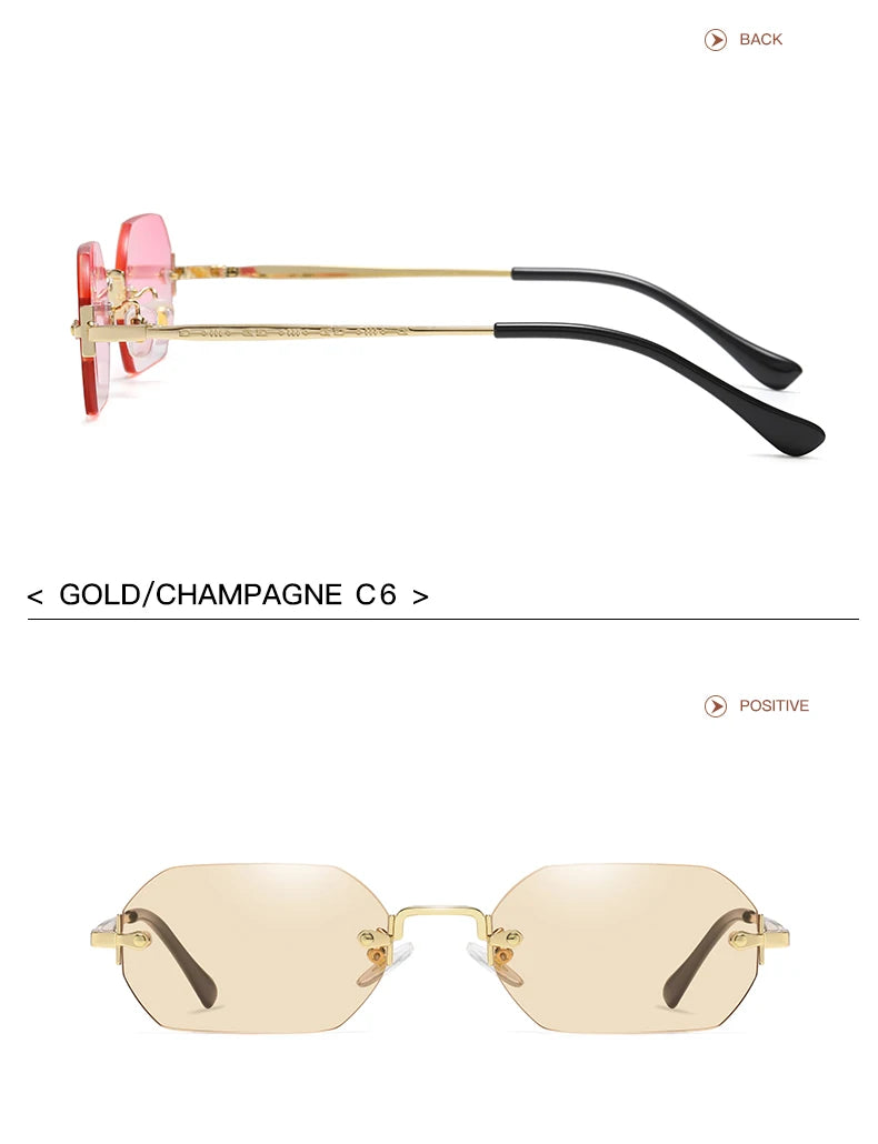 Rimless Rectangle Sunglasses Small Men Glasses Women Metal Gold Polygon Blue Shades 2024 UV400 Frameless