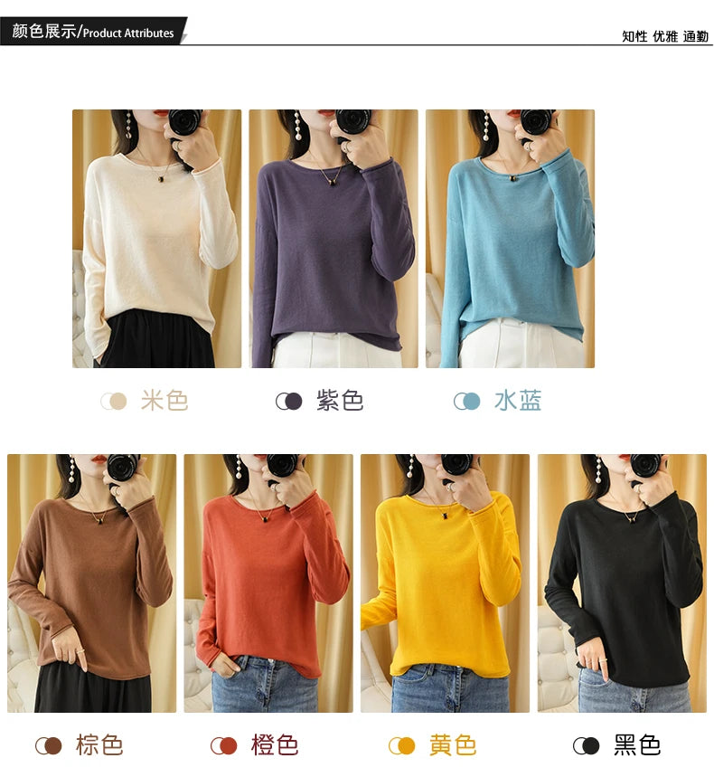 100% Cotton Women Knit Sweater Crimped Edge O-Neck Pullover Bottoming Pure Cotton Sweater Spring Autumn New Tops Clothes