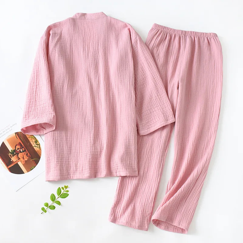 2026 Japanese Kimono Set 100%Cotton Pajamas Two-piece Couple Yukata Loose Men's And Women's Sweat Steaming Suit Home Service Set