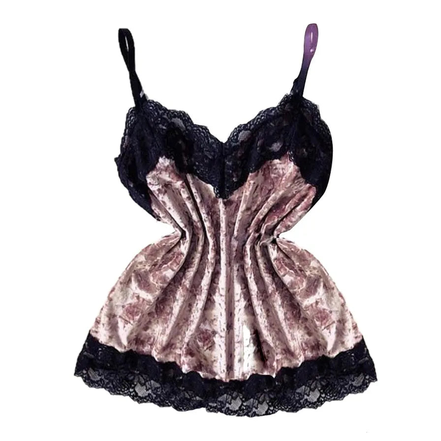 Summer Pyjamas Women Velvet Bow Sleepwear Sleeveless Strap Nightwear Lace Trim Cami Top Pajama Sets Femme Sexy Lingerie