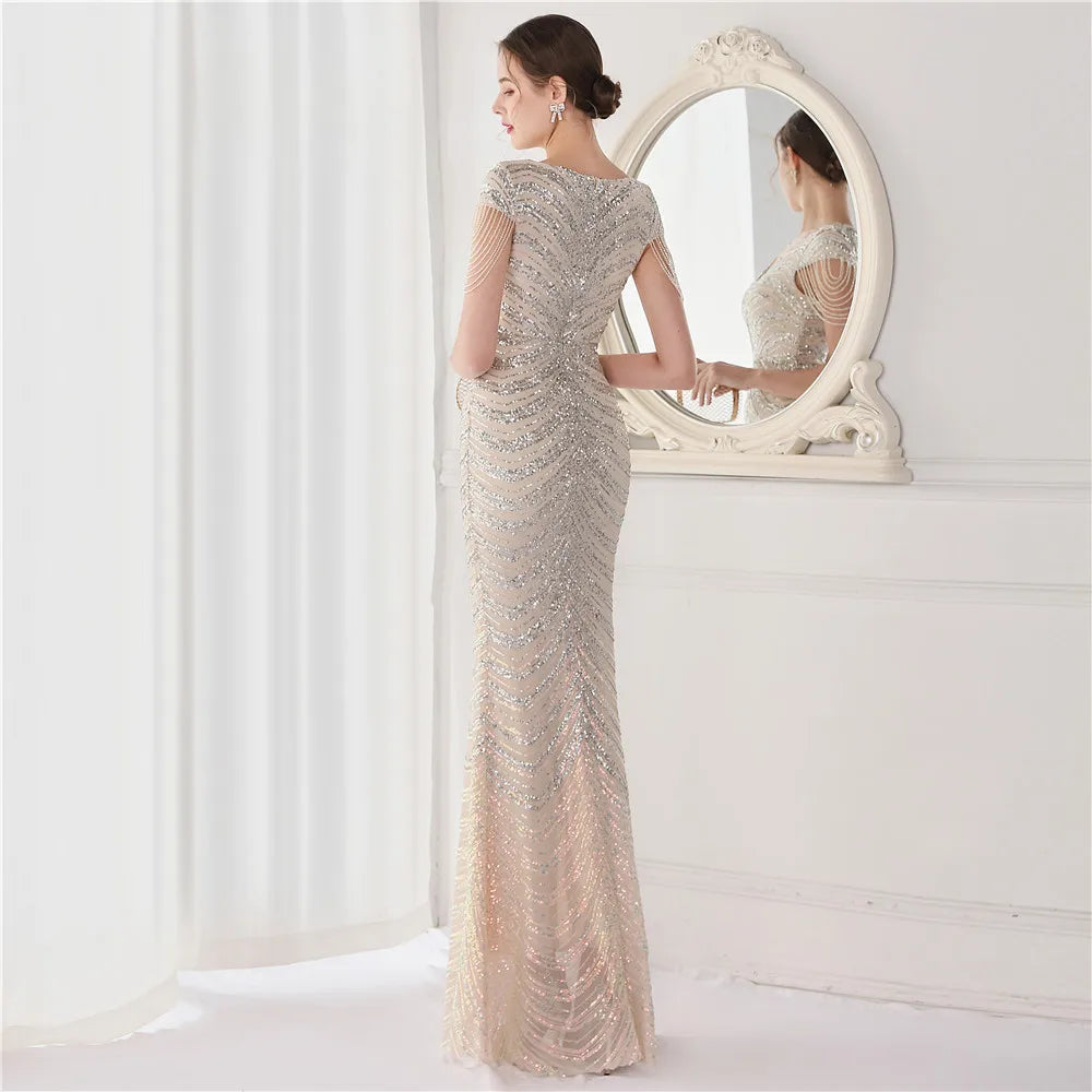 DEERVEADO Elegant V Neck Mermaid Evening Dress Long Luxury Beads Women Evening Party Dresses 2025 New Formal Dress 19085