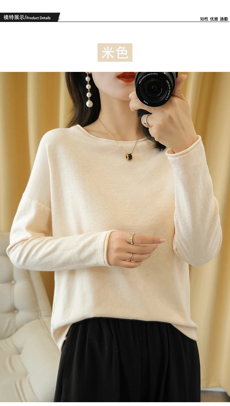 100% Cotton Women Knit Sweater Crimped Edge O-Neck Pullover Bottoming Pure Cotton Sweater Spring Autumn New Tops Clothes