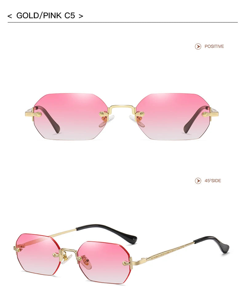 Rimless Rectangle Sunglasses Small Men Glasses Women Metal Gold Polygon Blue Shades 2024 UV400 Frameless