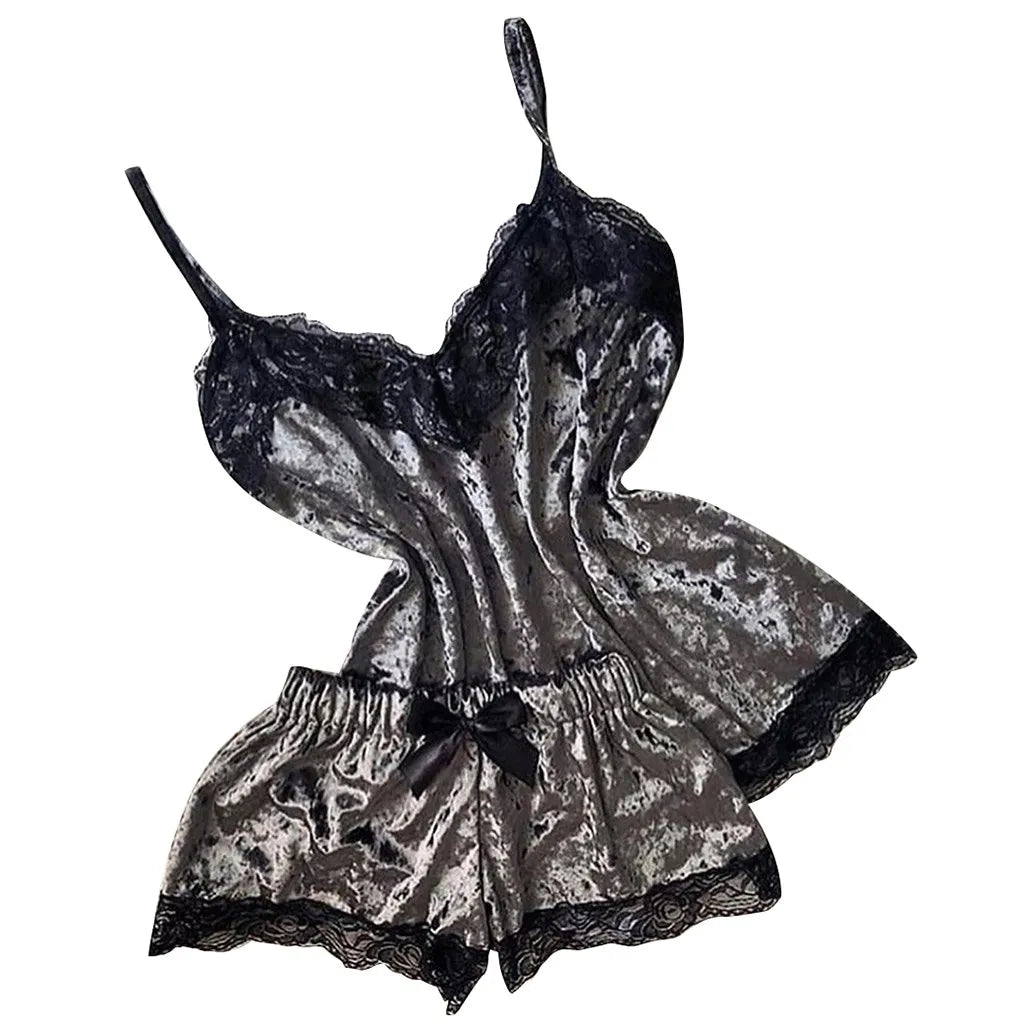 Summer Pyjamas Women Velvet Bow Sleepwear Sleeveless Strap Nightwear Lace Trim Cami Top Pajama Sets Femme Sexy Lingerie