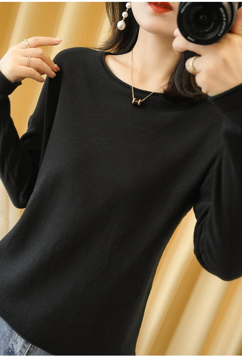 100% Cotton Women Knit Sweater Crimped Edge O-Neck Pullover Bottoming Pure Cotton Sweater Spring Autumn New Tops Clothes