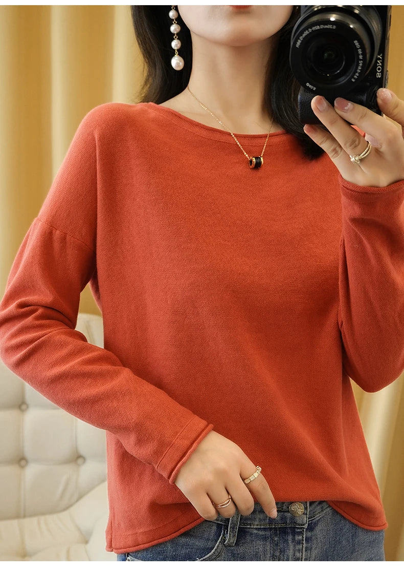 100% Cotton Women Knit Sweater Crimped Edge O-Neck Pullover Bottoming Pure Cotton Sweater Spring Autumn New Tops Clothes