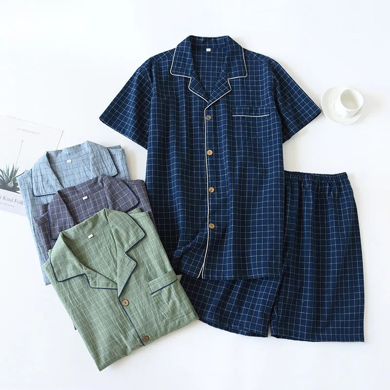 Summer new couple pajamas two-piece men's plaid short-sleeved shorts 100% cotton gauze ladies simple home service set sleepwear