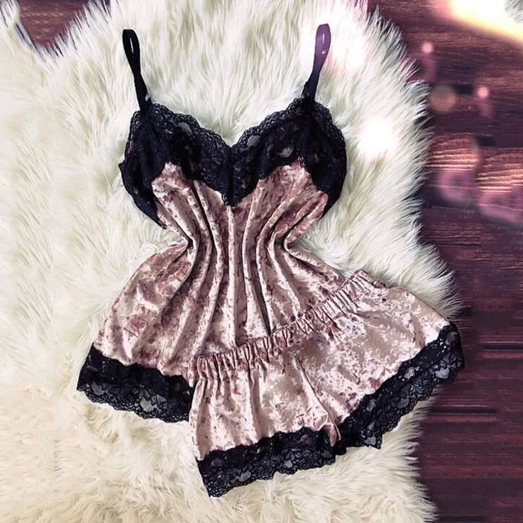 Summer Pyjamas Women Velvet Bow Sleepwear Sleeveless Strap Nightwear Lace Trim Cami Top Pajama Sets Femme Sexy Lingerie