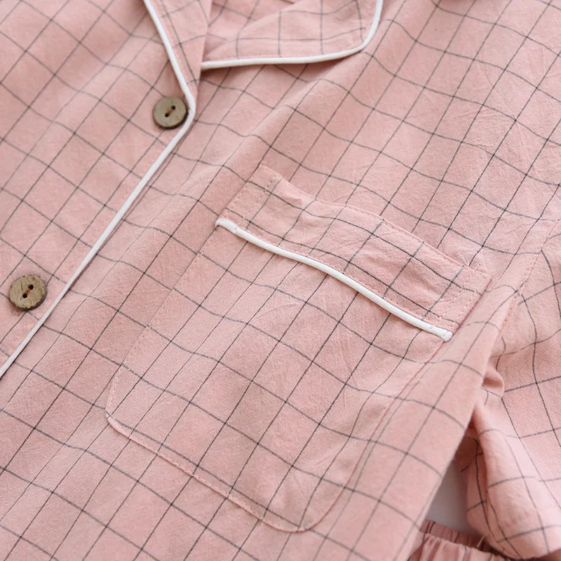 Summer new couple pajamas two-piece men's plaid short-sleeved shorts 100% cotton gauze ladies simple home service set sleepwear