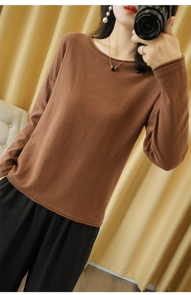 100% Cotton Women Knit Sweater Crimped Edge O-Neck Pullover Bottoming Pure Cotton Sweater Spring Autumn New Tops Clothes