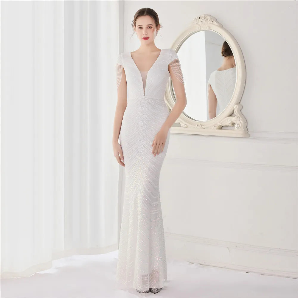 DEERVEADO Elegant V Neck Mermaid Evening Dress Long Luxury Beads Women Evening Party Dresses 2025 New Formal Dress 19085