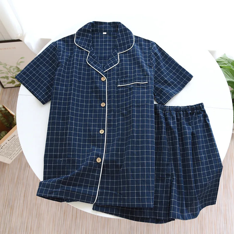 Summer new couple pajamas two-piece men's plaid short-sleeved shorts 100% cotton gauze ladies simple home service set sleepwear