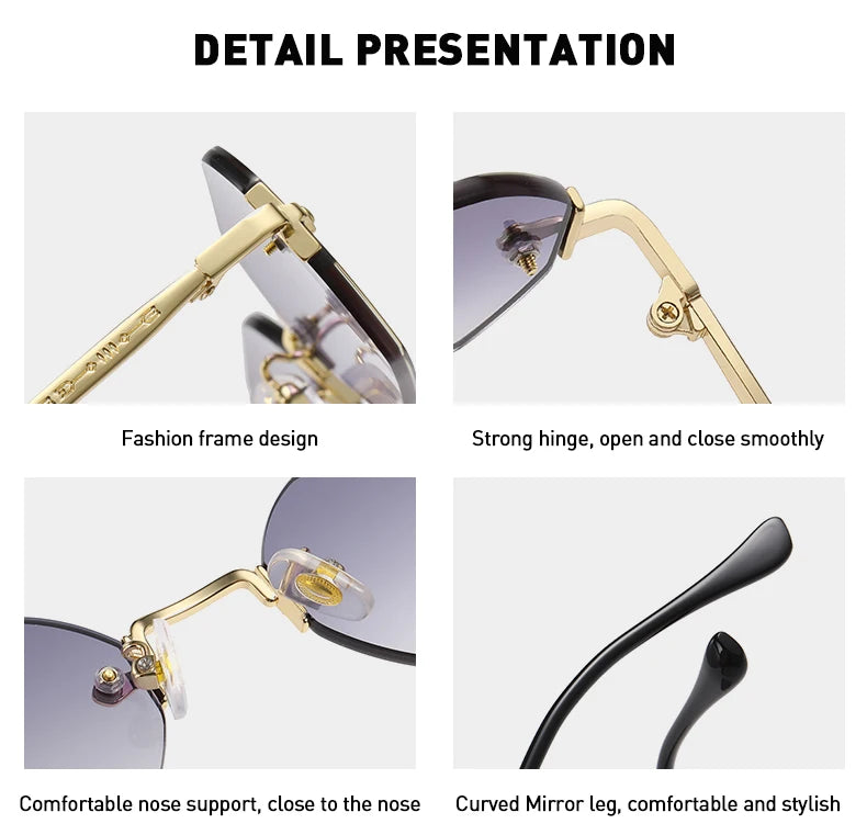 Rimless Rectangle Sunglasses Small Men Glasses Women Metal Gold Polygon Blue Shades 2024 UV400 Frameless