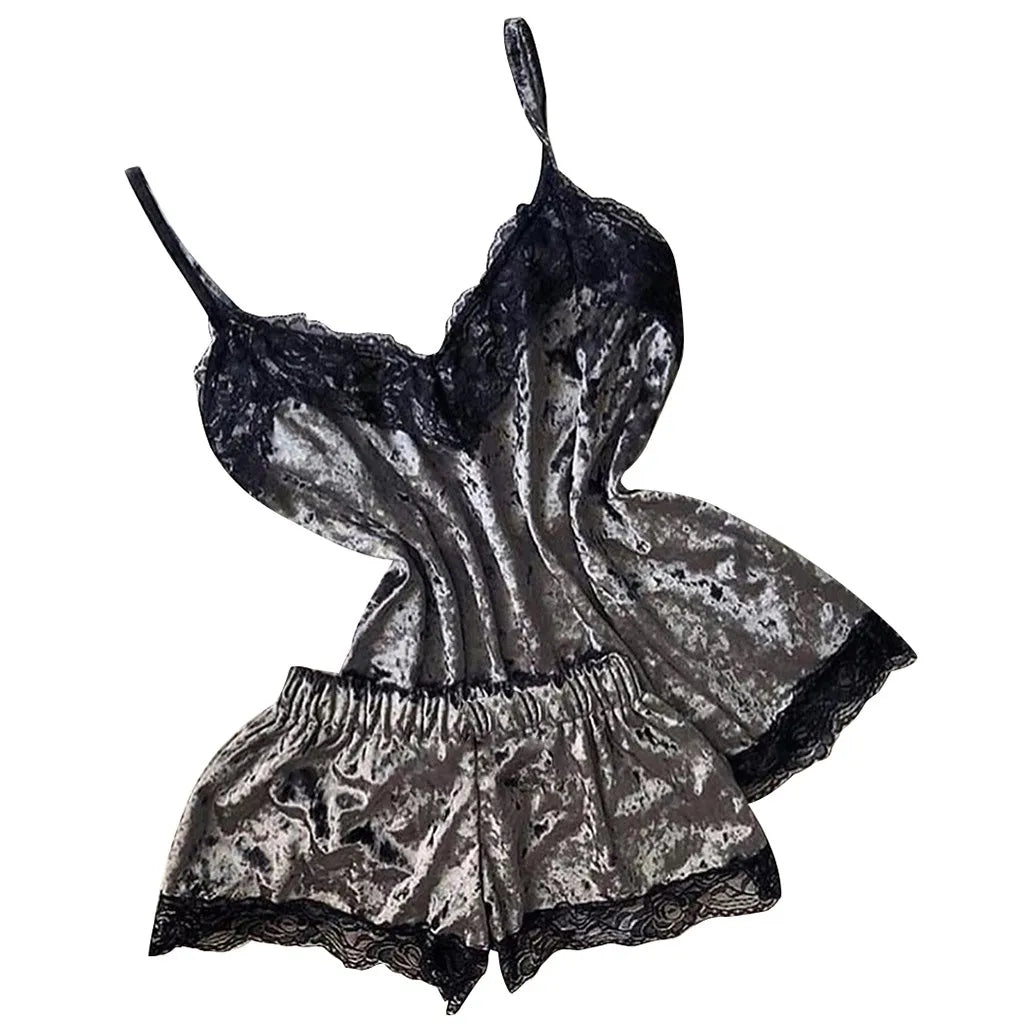Summer Pyjamas Women Velvet Bow Sleepwear Sleeveless Strap Nightwear Lace Trim Cami Top Pajama Sets Femme Sexy Lingerie