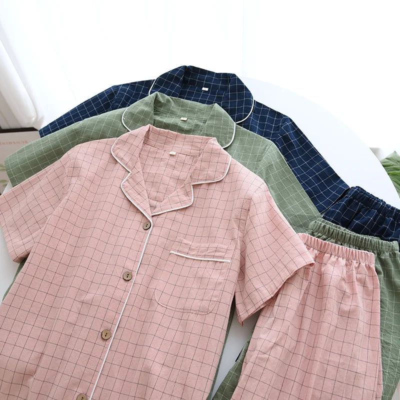 Summer new couple pajamas two-piece men's plaid short-sleeved shorts 100% cotton gauze ladies simple home service set sleepwear