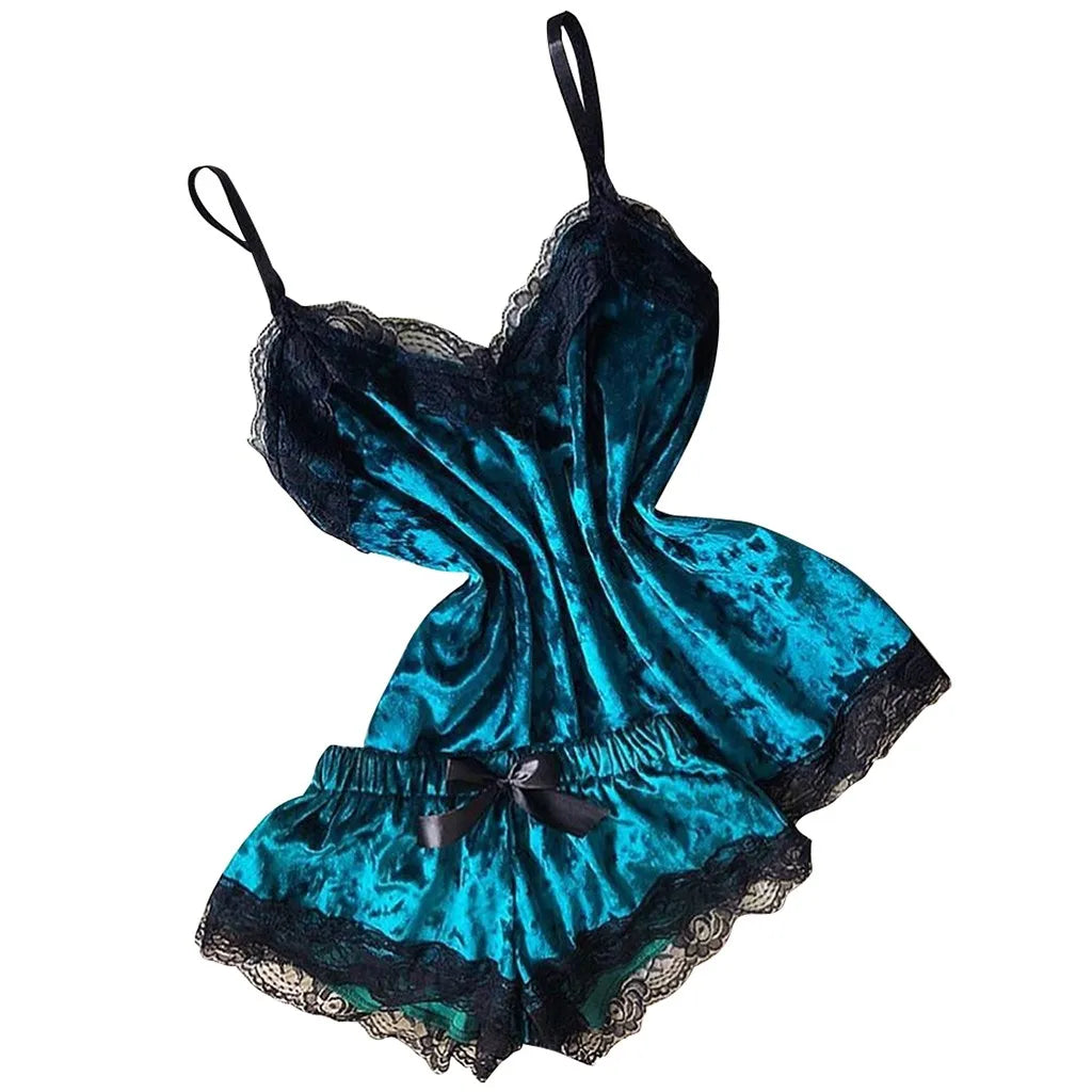 Summer Pyjamas Women Velvet Bow Sleepwear Sleeveless Strap Nightwear Lace Trim Cami Top Pajama Sets Femme Sexy Lingerie