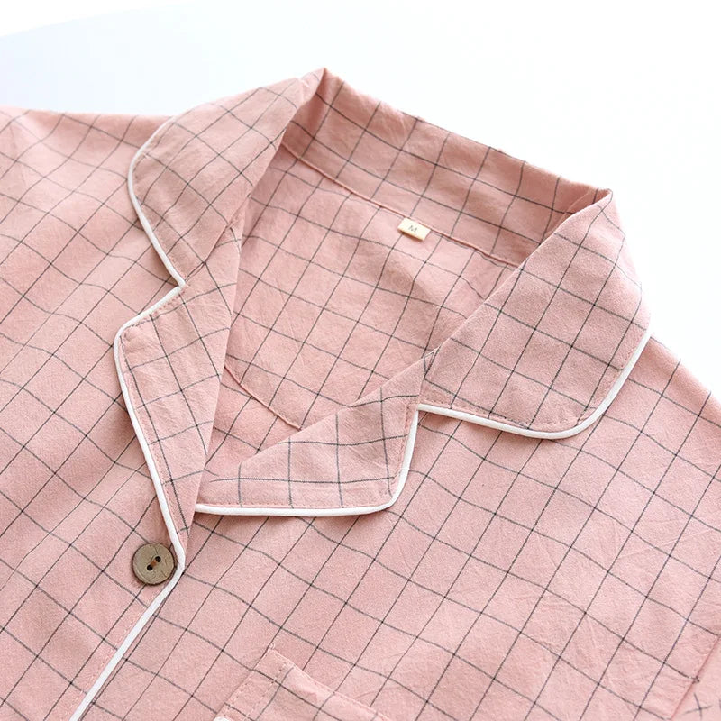 Summer new couple pajamas two-piece men's plaid short-sleeved shorts 100% cotton gauze ladies simple home service set sleepwear