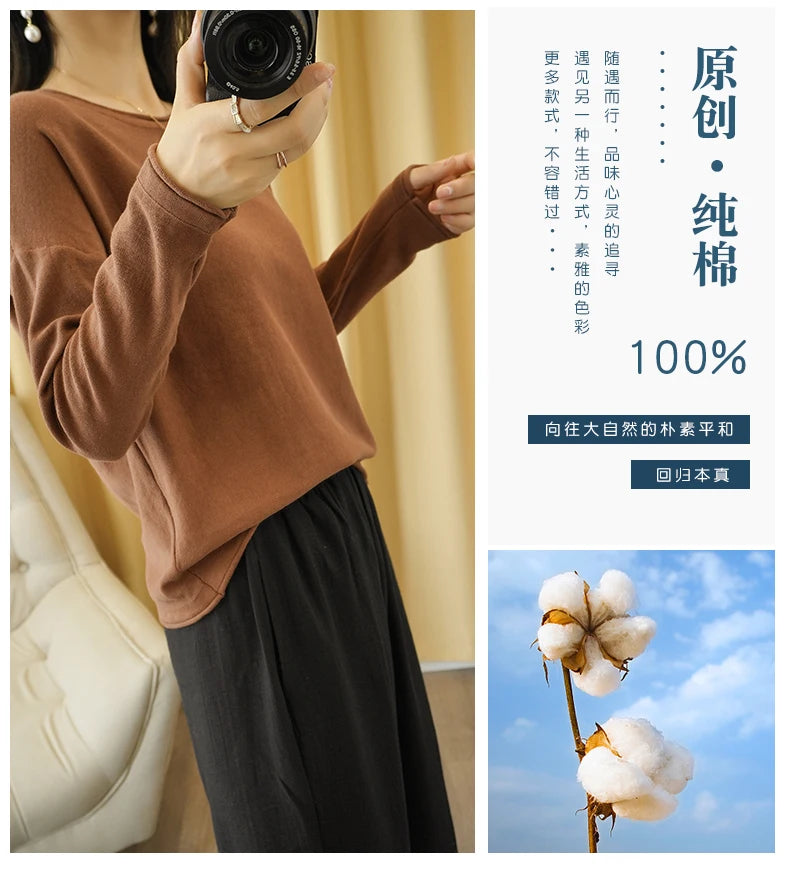 100% Cotton Women Knit Sweater Crimped Edge O-Neck Pullover Bottoming Pure Cotton Sweater Spring Autumn New Tops Clothes