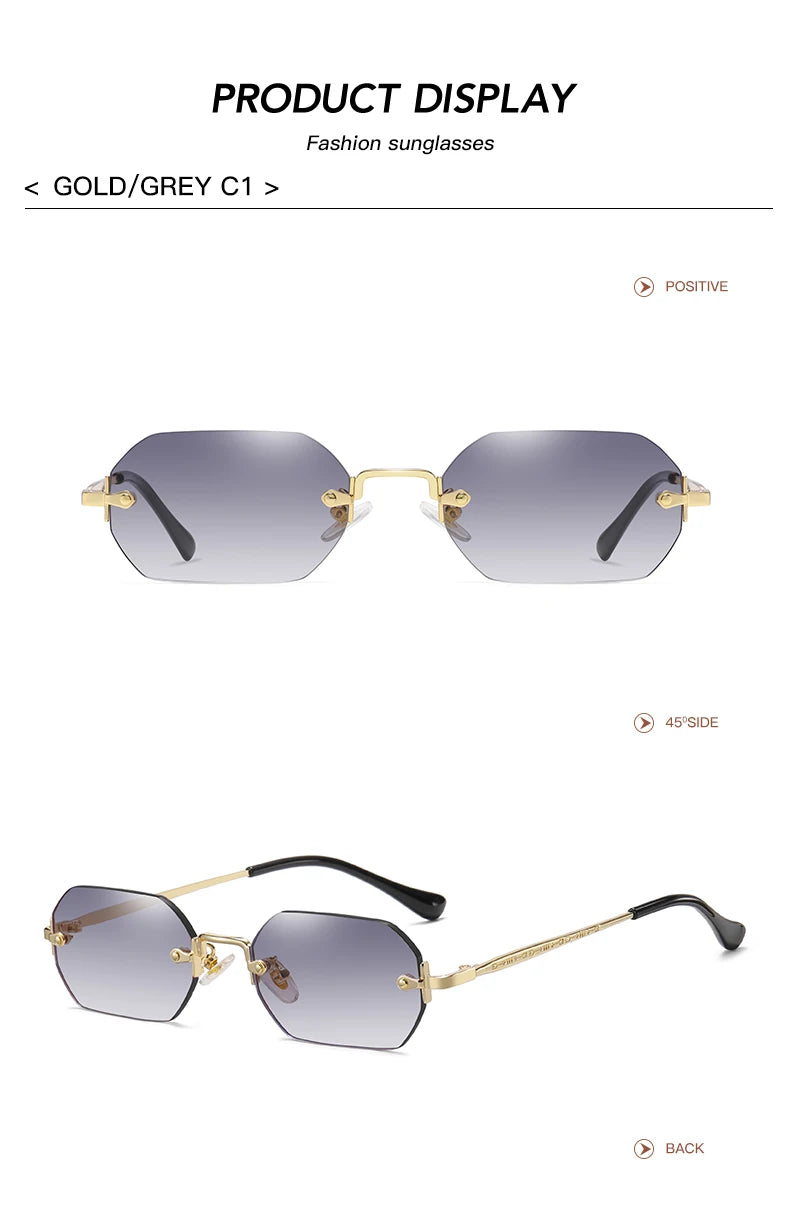 Rimless Rectangle Sunglasses Small Men Glasses Women Metal Gold Polygon Blue Shades 2024 UV400 Frameless